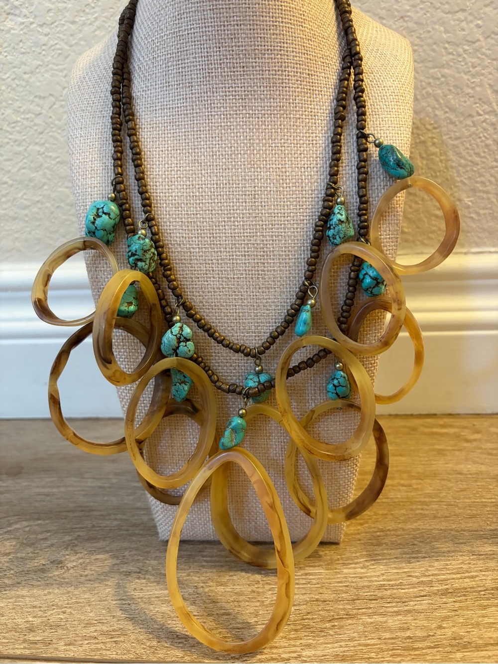 Chico’s Turquoise, Amber Resin Loop and beaded Necklace earrings 3pc set